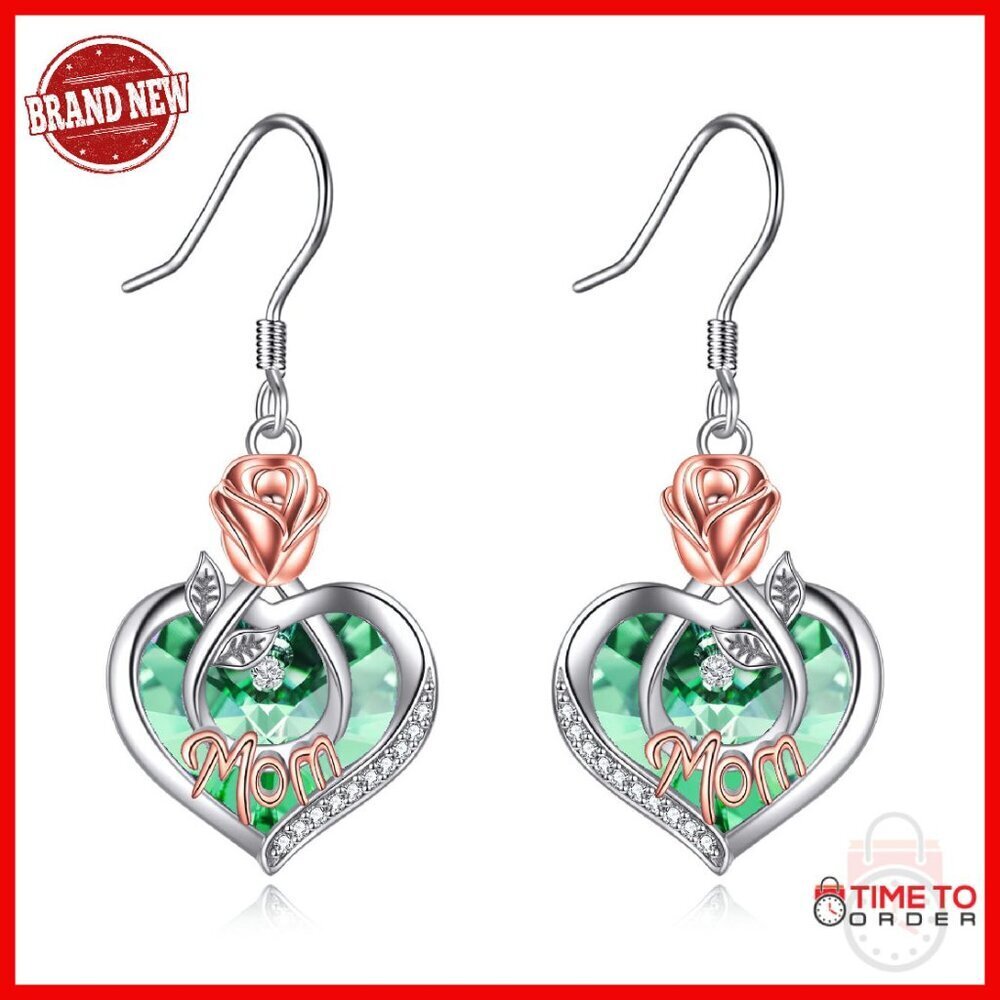 925 Sterling Silver Crystal Drop Earrings with Mom Engraving